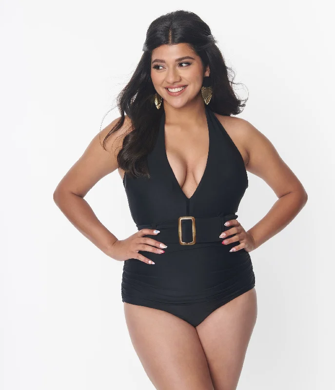 Unique Vintage Black Belted Halter Swimsuit