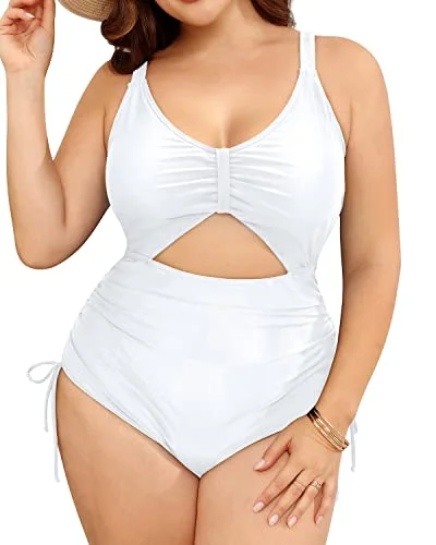 Women Plus Size One Piece Swimsuits Deep V Neck Swimwear-White