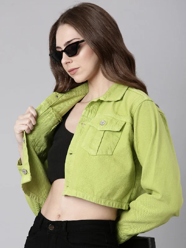 Women Lime Green Solid Denim Jacket