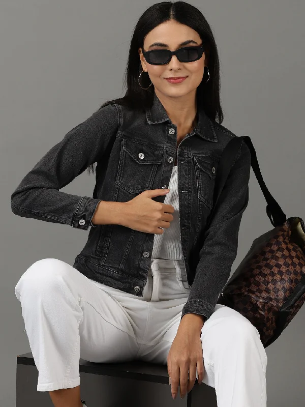 Women's Grey Solid Denim Jacket