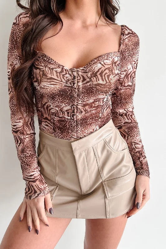 Wildly Attractive Hook Front Animal Print Bodysuit (Brown)