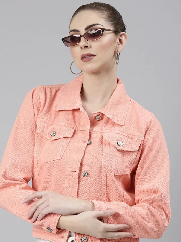 Women Peach Solid Denim Jacket