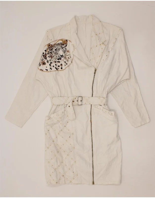 VINTAGE Womens Graphic Denim Coat UK 14 Large White Animal Print