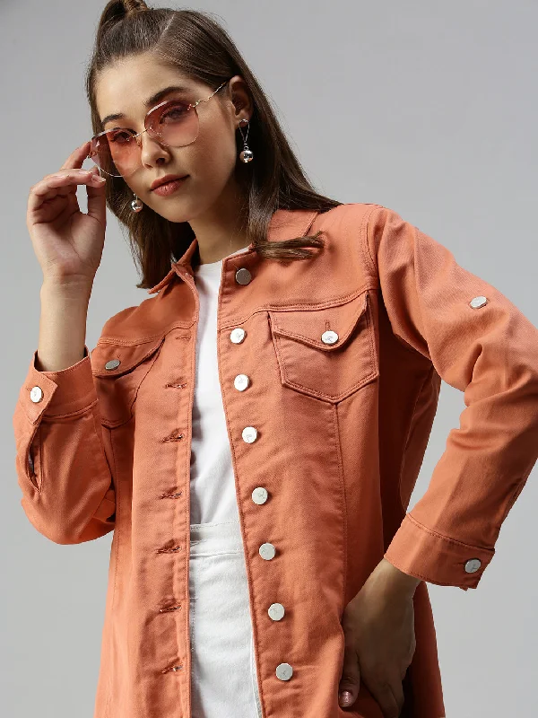 Women's Orange Solid Denim Jacket