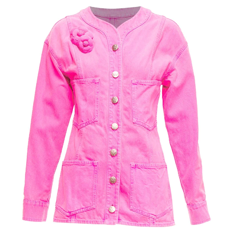 Chanel Neon Pink Cotton Denim CC Logo Camellia Embellished Jacket