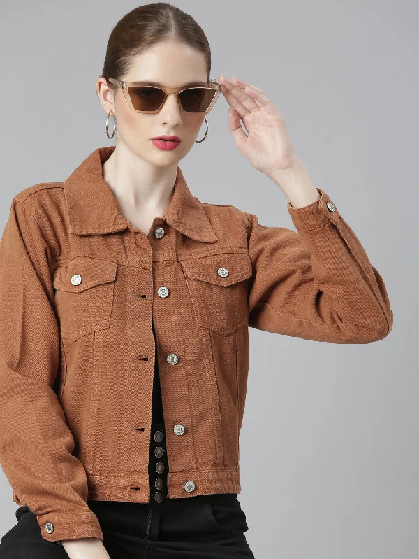 Women Camel Brown Solid Denim Jacket