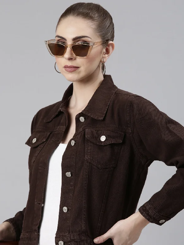 Women Coffee Brown Solid Denim Jacket