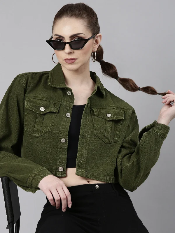 Women Green Solid Denim Jacket