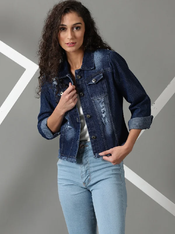 Women's Navy Blue Solid Denim Jacket