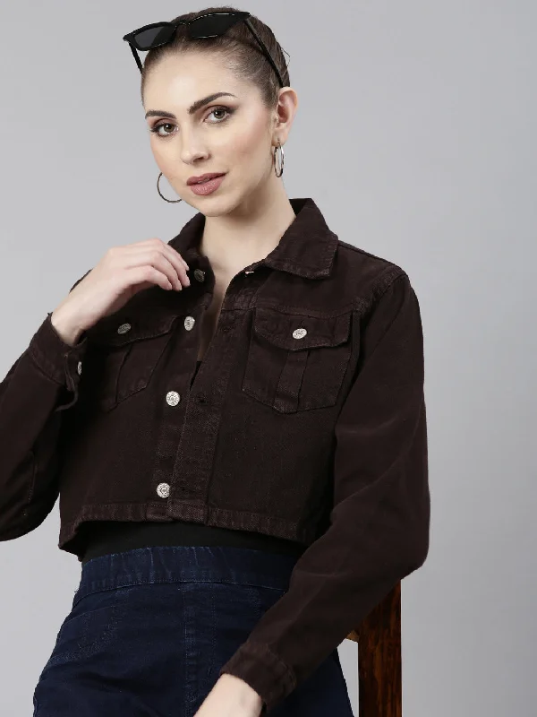 Women Coffee Brown Solid Denim Jacket