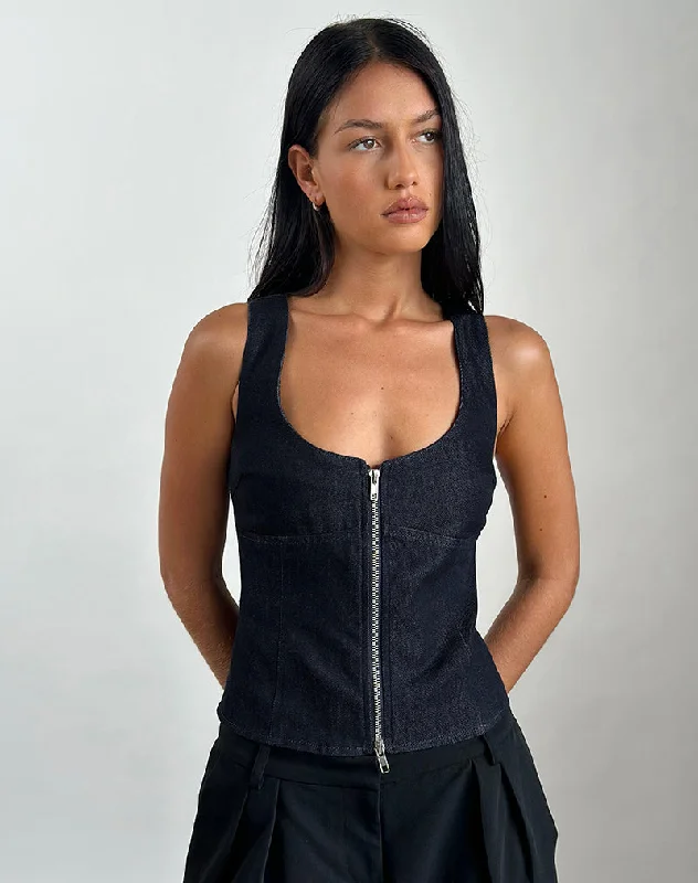 Nalea Zip Through Corset Top in Chambray Indigo