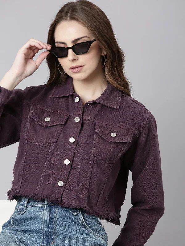 Women Purple Solid Denim Jacket