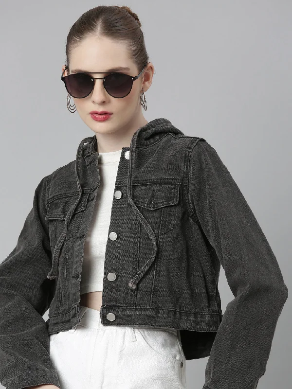 Women Black Solid Denim Jacket