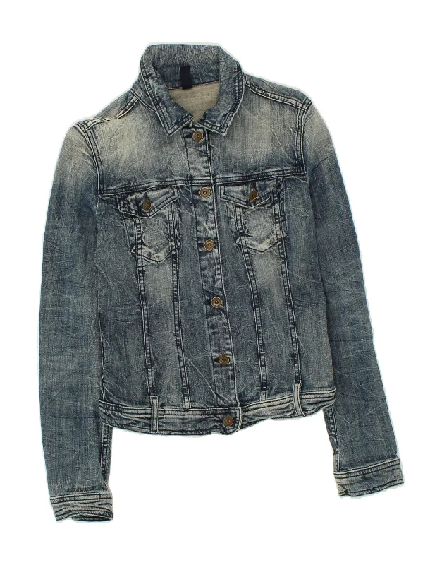 BENETTON Womens Crop Denim Jacket UK 10 Small Blue Cotton