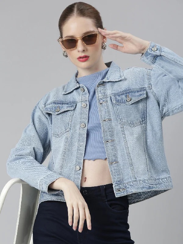 Women Blue Solid Denim Jacket