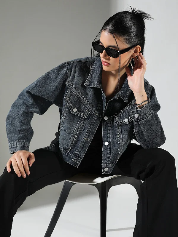 Women Navy Blue Solid Crop Denim Jacket