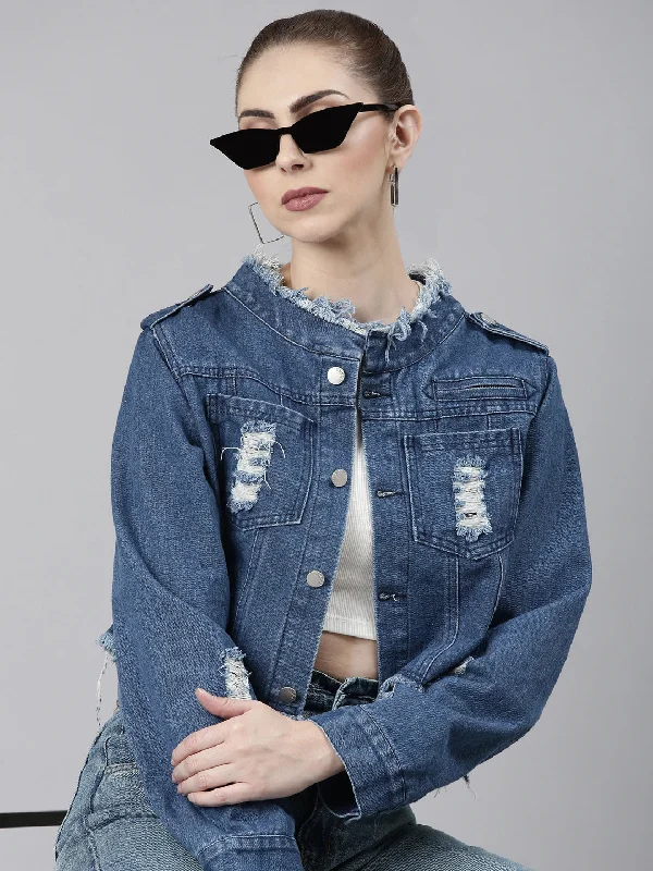 Women Blue Solid Denim Jacket