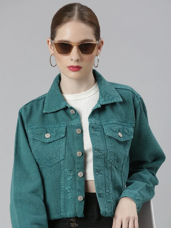 Women Teal Solid Denim Jacket