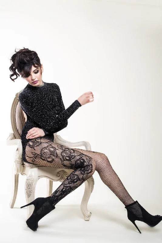 Etched Side Roses Lady's Fishnet Tights