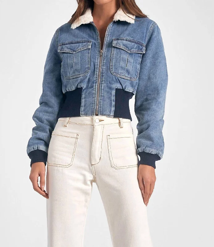 Denim Jacket Fur Collar In Blue