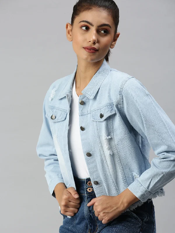 Women Spread Collar Solid Blue Denim Jacket