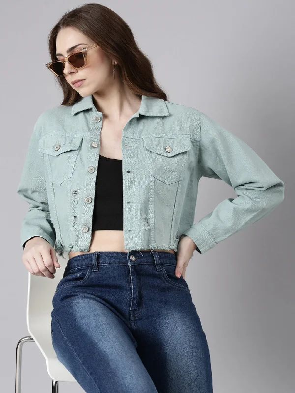 Women Sea Green Solid Denim Jacket