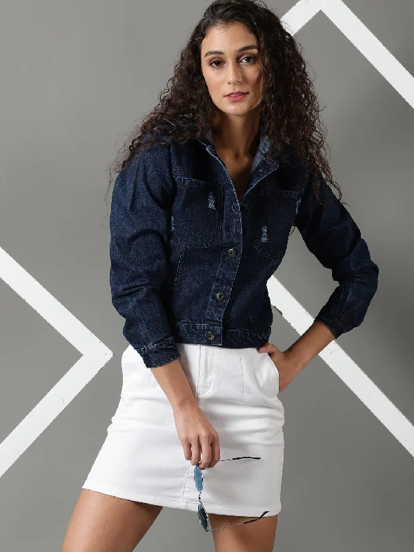 Women's Navy Blue Solid Denim Jacket