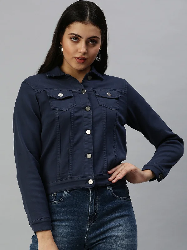 Women's Blue Solid Denim Jacket Jackets