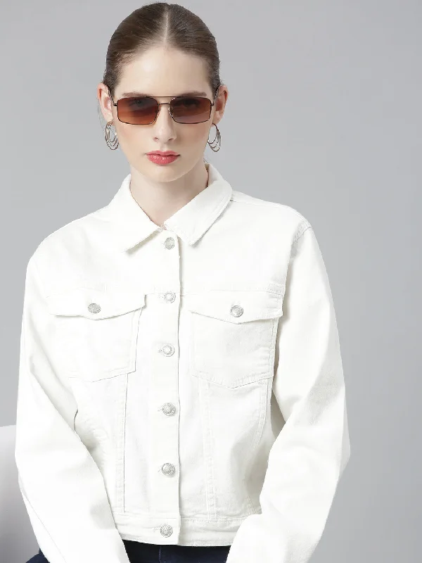 Women White Solid Denim Jacket