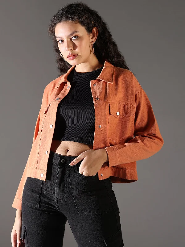 Women Orange Solid Crop Denim Jacket