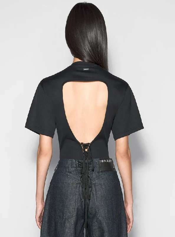 black corset open back jersey bodysuit