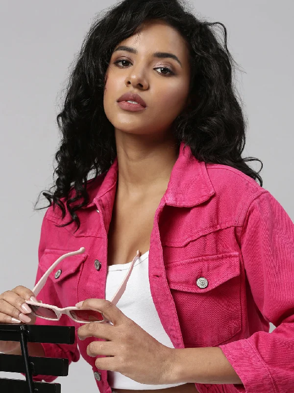 Women Fuchsia Solid Denim Jacket