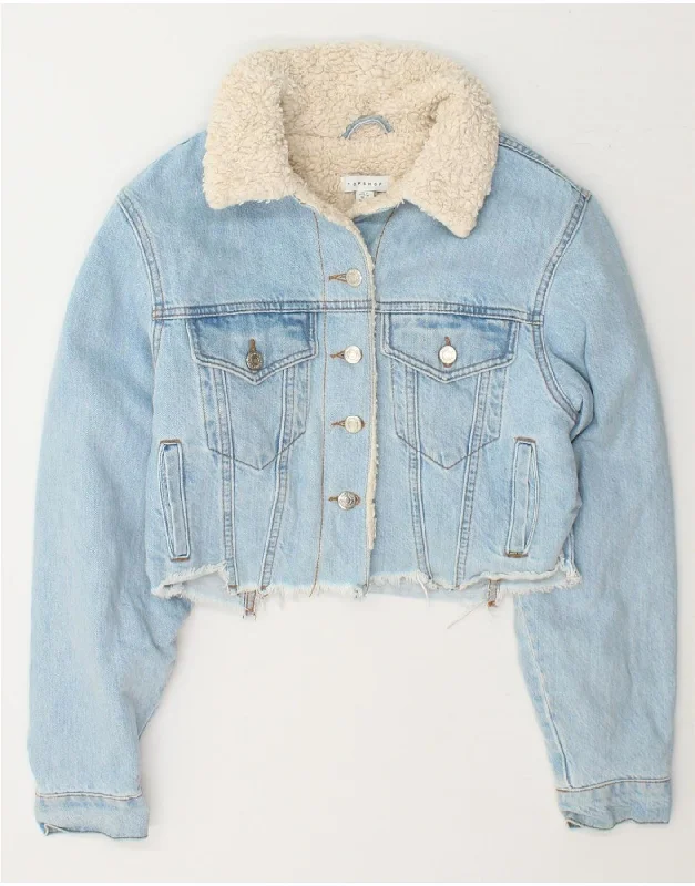 TOPSHOP Womens Crop Denim Sherpa Jacket UK 8 Small Blue Cotton