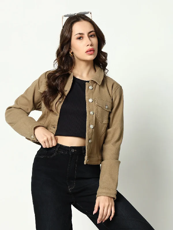 Women's Khaki Solid Denim Jacket