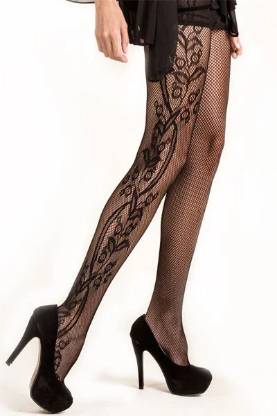 Side Whimsical Floral Inset Fishnet Tights