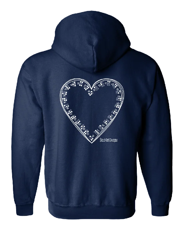 3D Braille Heart Full Zip Hoodie - Navy Blue