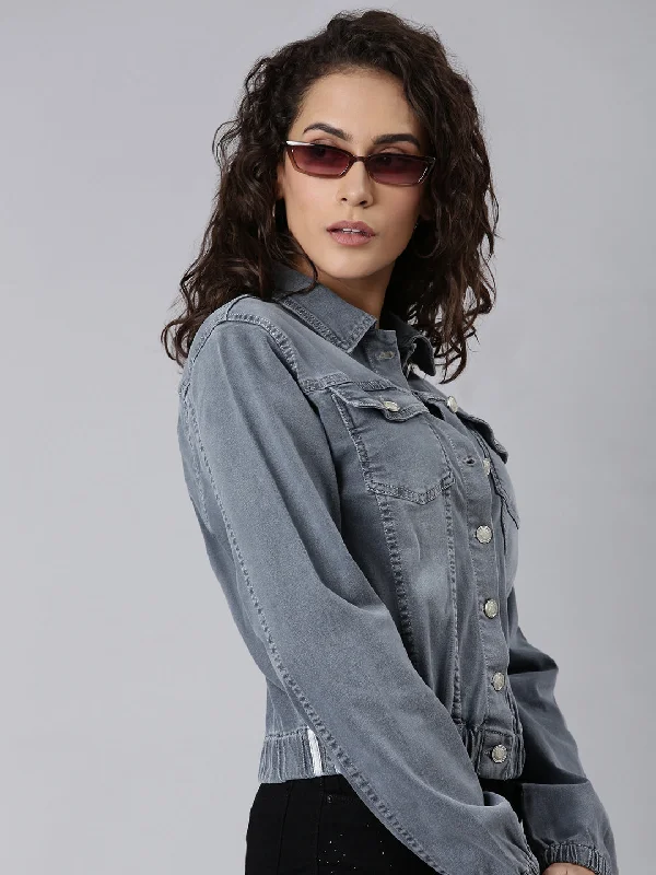 Women Grey Solid Denim Jacket