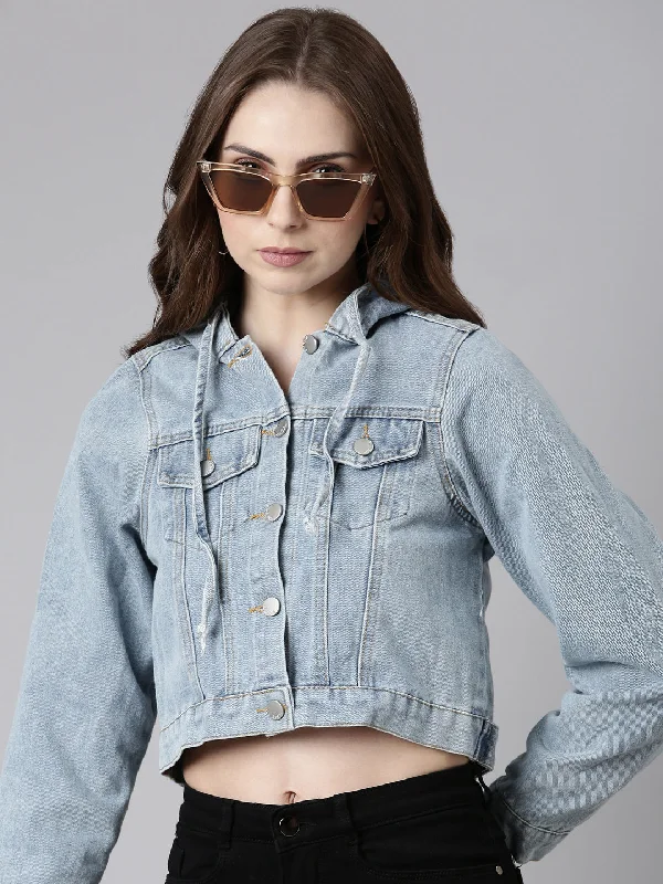 Women Blue Solid Denim Jacket