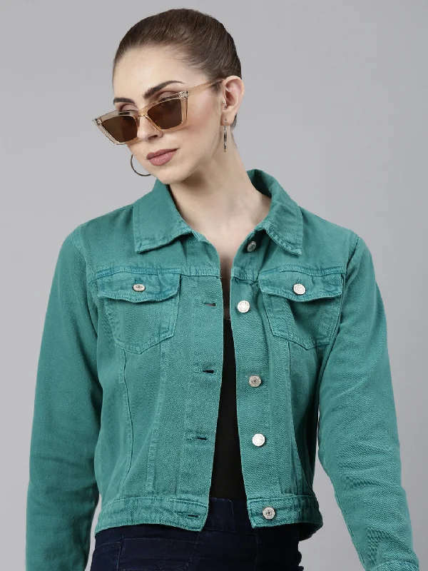 Women Turquoise Blue Solid Denim Jacket