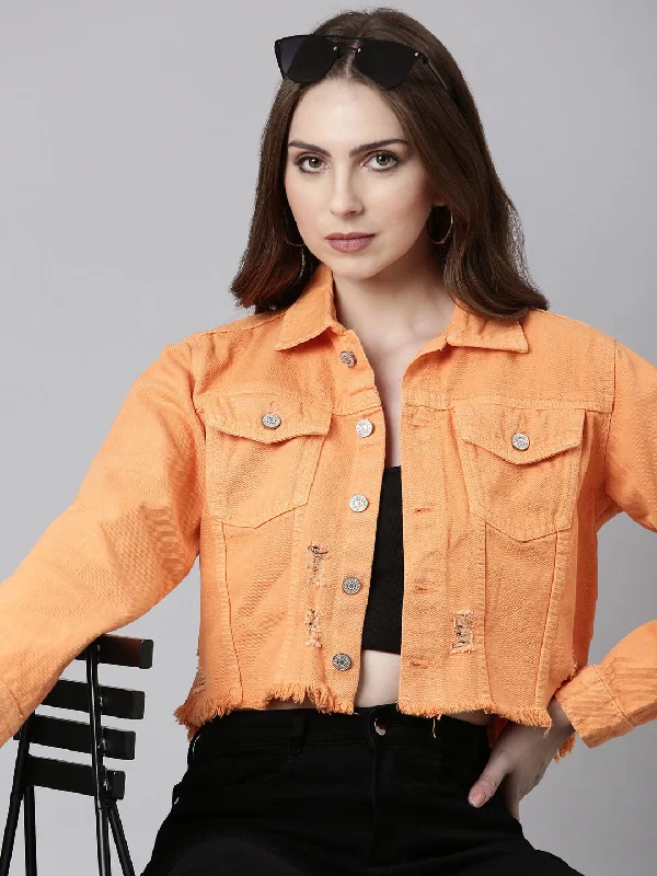 Women Orange Solid Denim Jacket