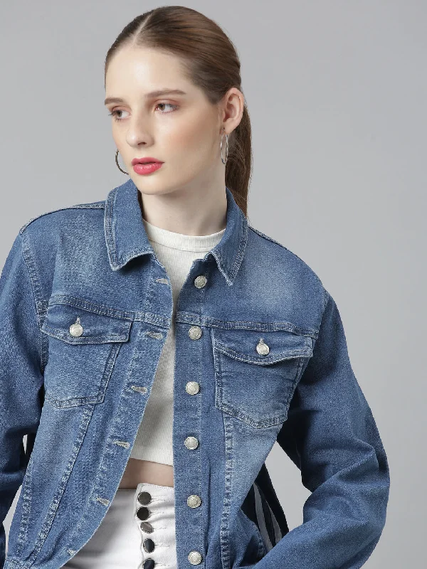 Women Blue Solid Denim Jacket