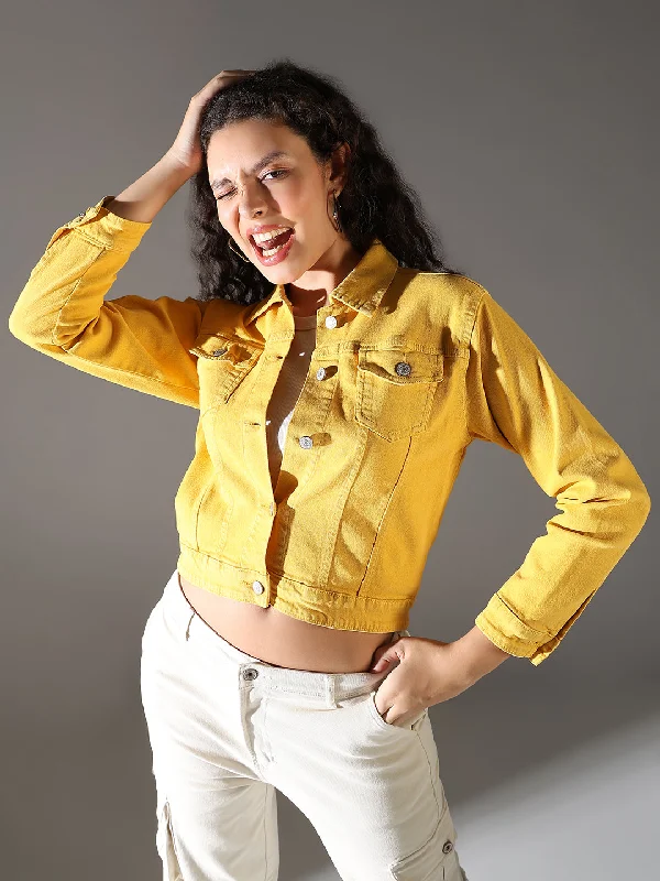 Women Yellow Solid Crop Denim Jacket