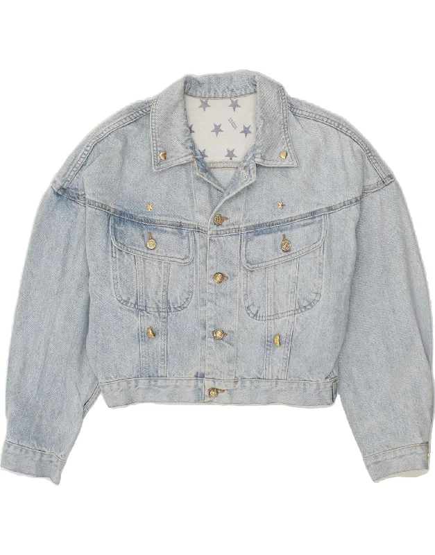 VINTAGE Womens Crop Denim Jacket UK 14 Large Blue