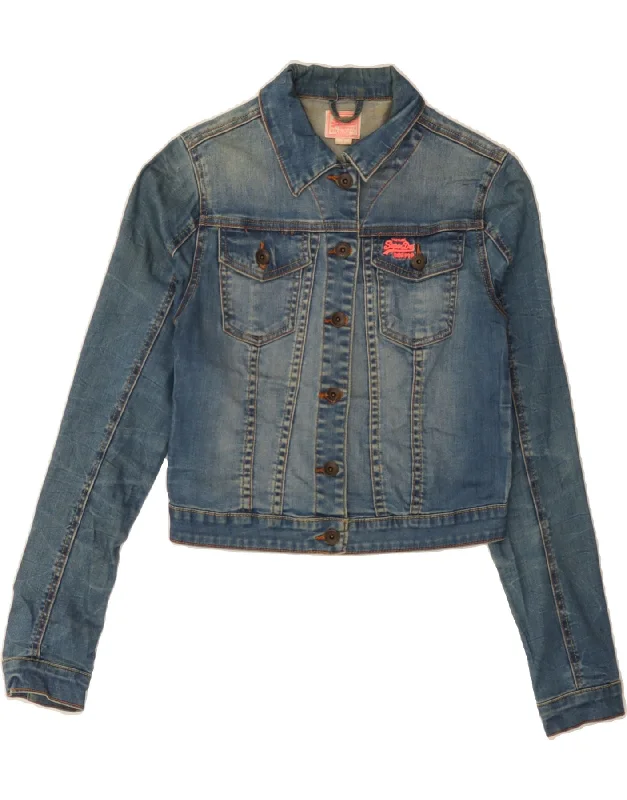 SUPERDRY Womens Crop Denim Jacket UK 10 Small Blue Cotton