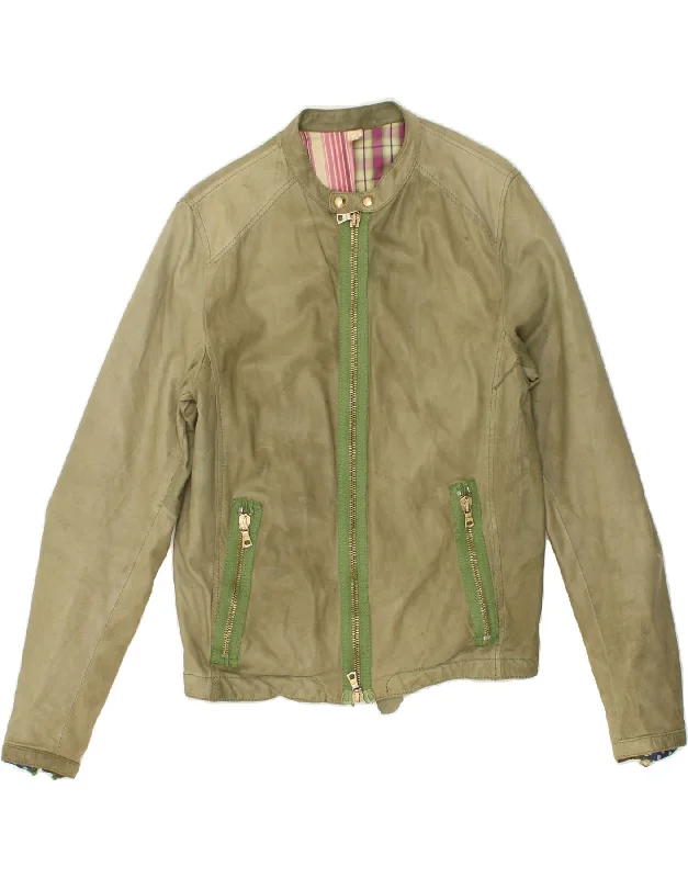 DELAN Womens Bomber Leather Jacket IT 48 Medium Green Leather