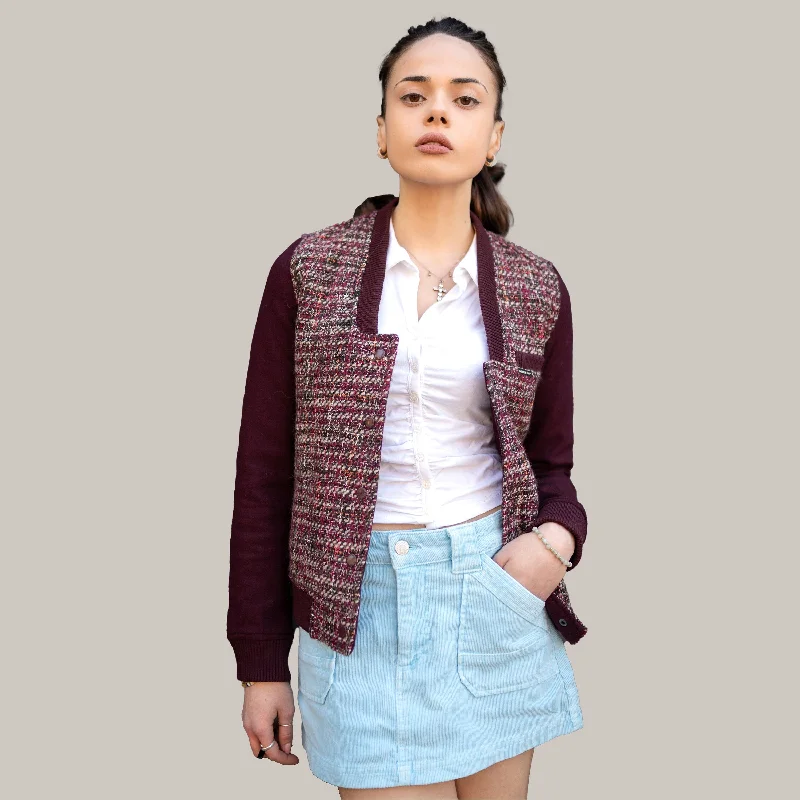 Women's Updated Tweed Varsity Jacket with Contrast Sleeve