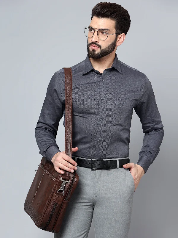 Men's Dark Grey Formal Self Textured Full Sleeve Shirt