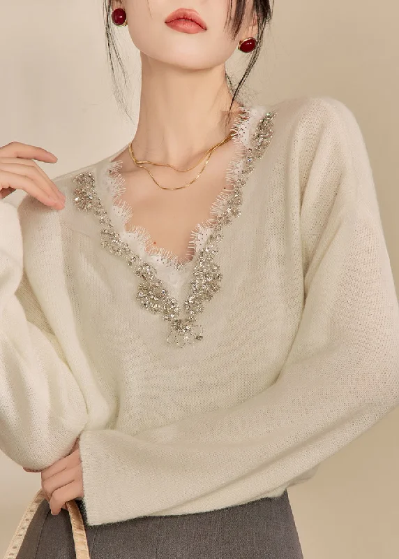 DIY Beige V Neck Lace Patchwork Cozy Cotton Knit Sweaters Winter