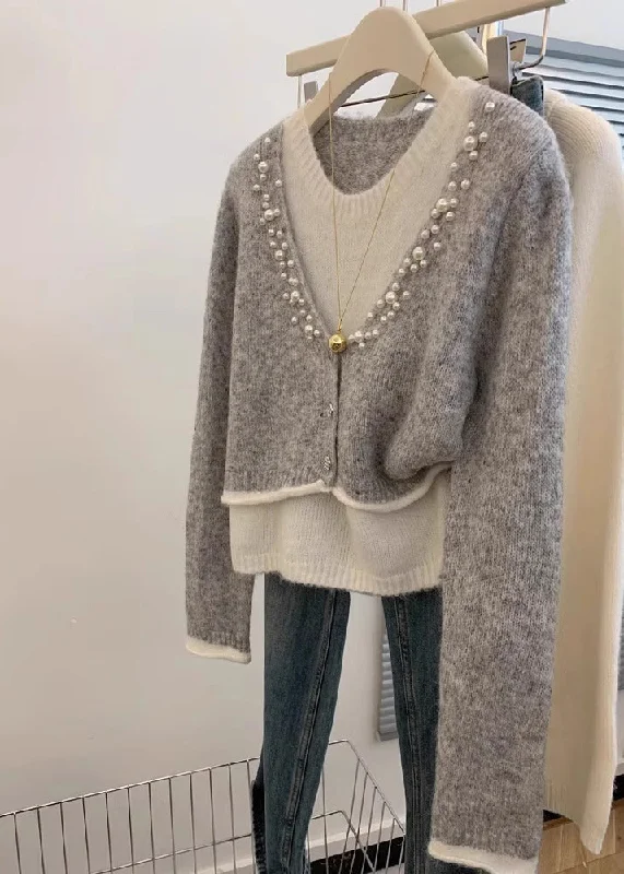 Stylish Grey Pearl False Two Pieces Knit Sweaters Winter