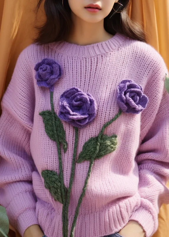 Women Purple Floral Hollow Out Knit Sweaters Winter